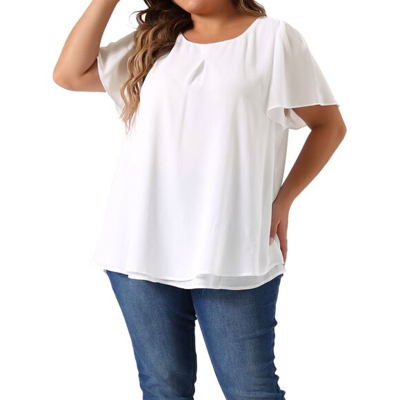 Plus Size Chiffon Blouse Ruffle Sleeve Double-Layered Shirt Work Tops White - Picture 2 of 5